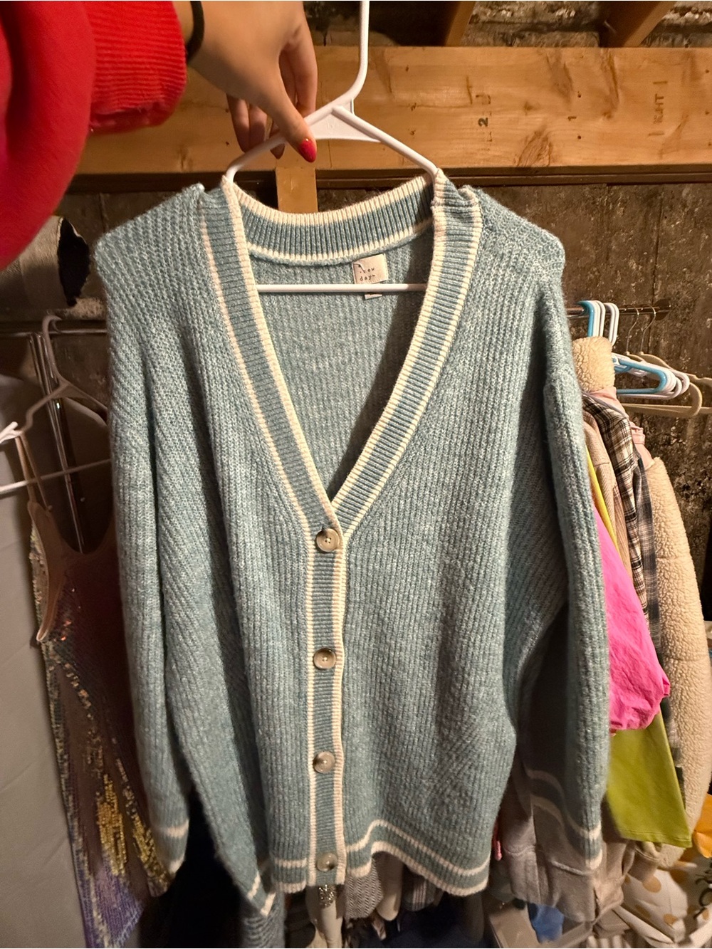 a new day Light Blue V-Neck Button Cardigan with Cream Trim